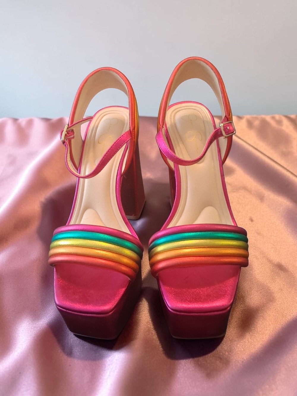 Jessica Simpson Pink Platform Heels with Rainbow Straps - Picture 3 of 7